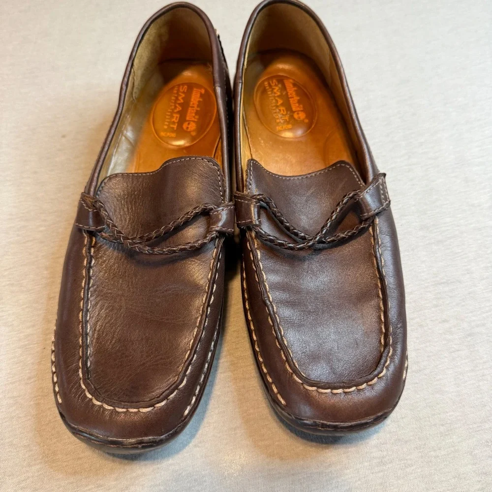 Timberland Smart Comfort Brown Leather Loafers Moc Toe Braided Slip On  8.5M